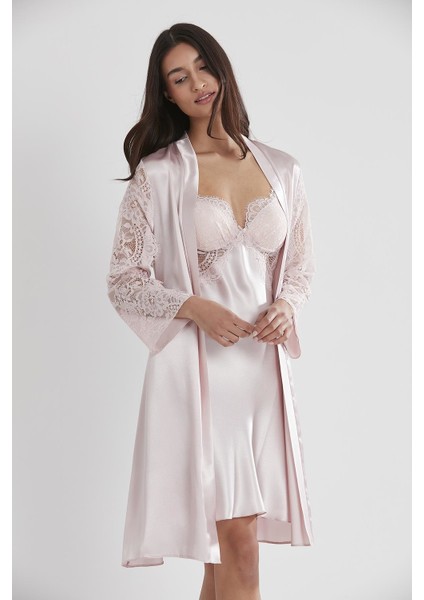 Saten Dantelli Gecelik & Sabahlık Takım - 4025