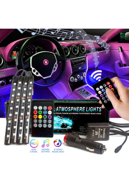 9 LED Ayak Altı LED Lamba Kumandalı Sese Duyarlı Çakmaklık Girişli Rgb Araç Içi Aydınlatma