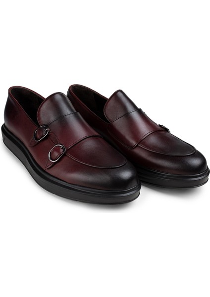 Hakiki Deri Bordo Çift Tokalı Erkek Comfort Loafer