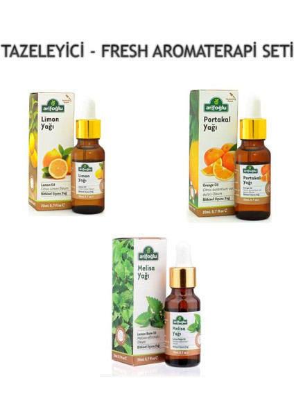 3 Lü Fresh Tazeleyici Aromaterapi Seti (Limon Yağı - Portakal Yağı - Melisa Yağı)