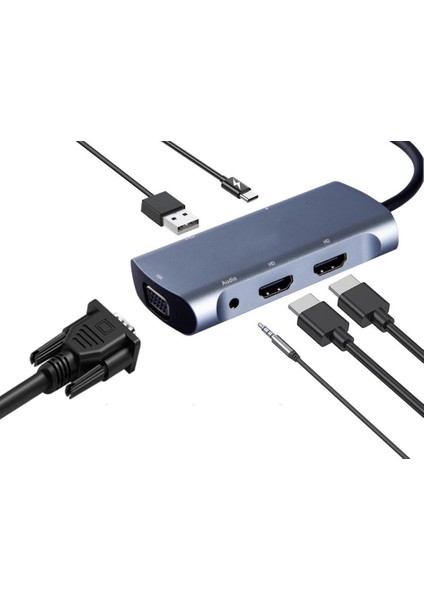 Type-C To 2x 4K HDMI VGA USB 3.0 Pd Şarj 3.5mm Çevirici Hub V203