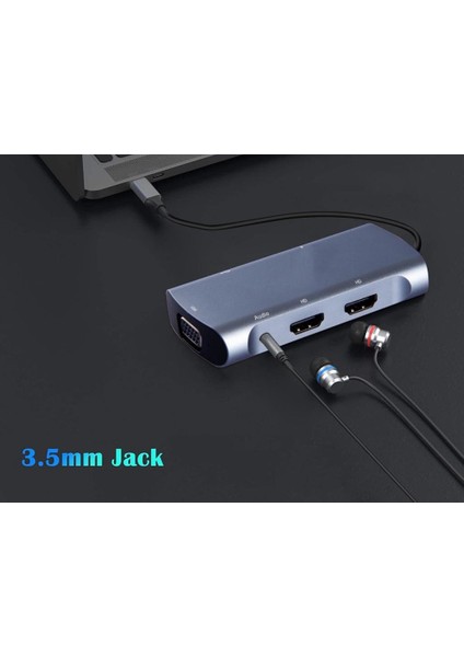 Type-C To 2x 4K HDMI VGA USB 3.0 Pd Şarj 3.5mm Çevirici Hub V203