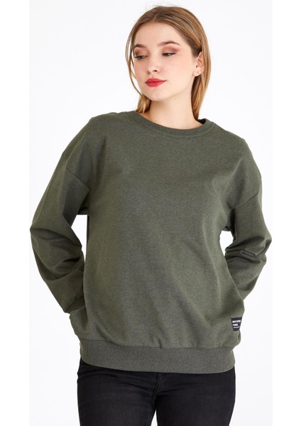 Kadın Haki Renk Basic Bisiklet Yaka Sweatshirt