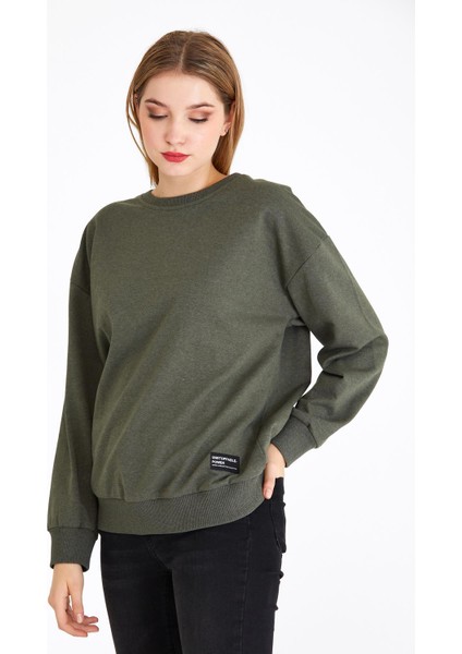 Kadın Haki Renk Basic Bisiklet Yaka Sweatshirt