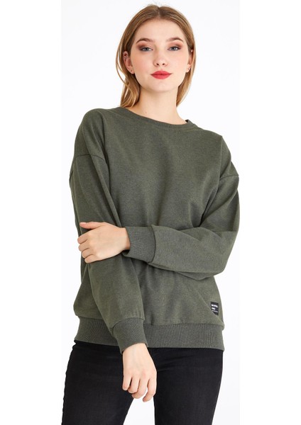 Kadın Haki Renk Basic Bisiklet Yaka Sweatshirt
