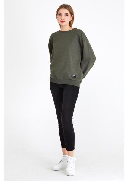 Kadın Haki Renk Basic Bisiklet Yaka Sweatshirt