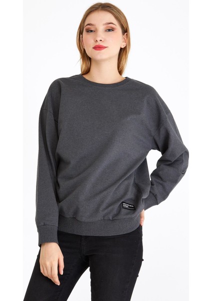 Kadın Antrasit Renk Basic Bisiklet Yaka Sweatshirt