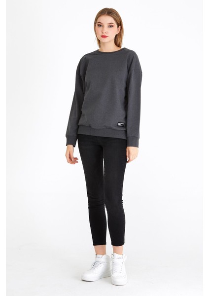 Kadın Antrasit Renk Basic Bisiklet Yaka Sweatshirt