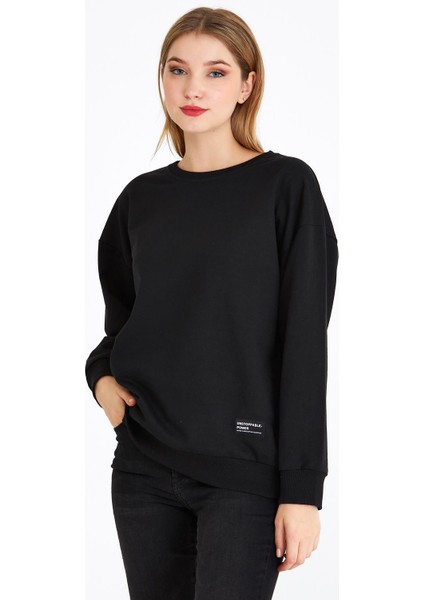 Kadın Siyah Renk Basic Bisiklet Yaka Sweatshirt