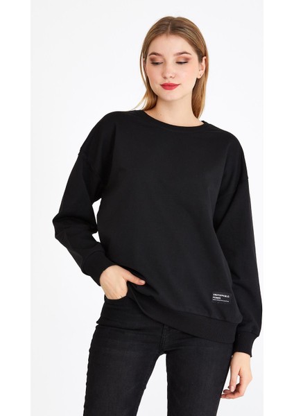 Kadın Siyah Renk Basic Bisiklet Yaka Sweatshirt fiyatları