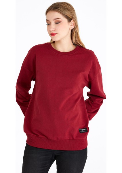 Metalic Kadın Bordo Renk Basic Bisiklet Yaka Sweatshirt