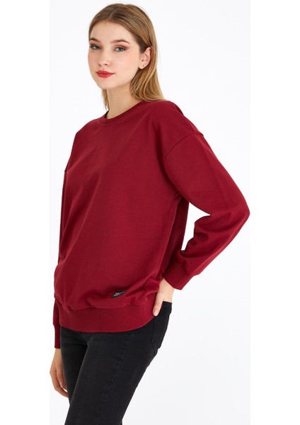 Metalic Kadın Bordo Renk Basic Bisiklet Yaka Sweatshirt modelleri