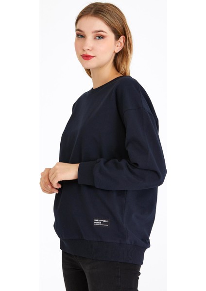 mmetalic Kadın Lacivert Renk Basic Bisiklet Yaka Sweatshirt