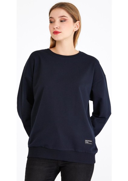 Kadın Lacivert Renk Basic Bisiklet Yaka Sweatshirt