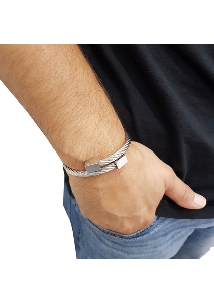 Helezon Yaylı Gri Hasır Çelik Erkek Bileklik EK94BY fırsatları