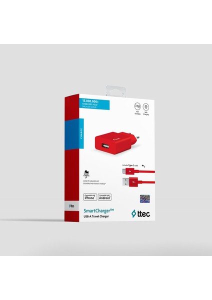 Kırmızı Smartcharger Seyahat Şarj Aleti 2.1A USB-C Kablo 2SCS20C