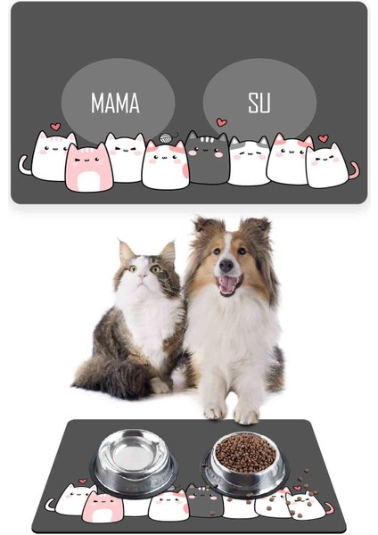 Kediler Gri Kalp Kedi Köpek Mama Altlığı Mama Paspası 50X35CM
