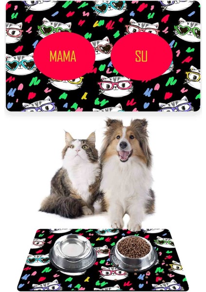 Siyah Renkli Kediler Kedi Köpek Mama Altlığı Mama Paspası 50X35CM