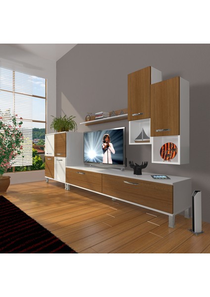 Eko 6da Mdf Std Krom Ayaklı Tv Ünitesi Tv Sehpası Beyaz Ceviz