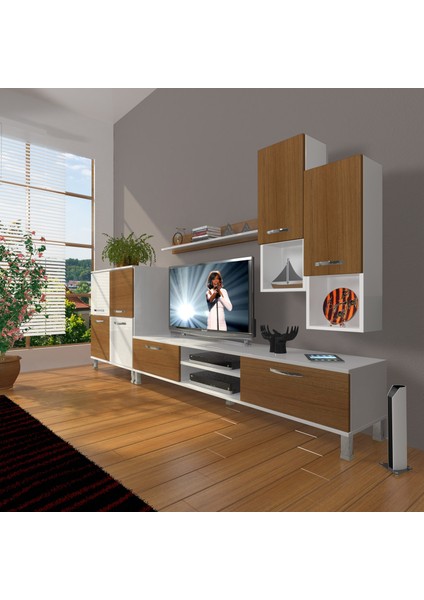 Eko 6da Slm DVD Krom Ayaklı Tv Ünitesi Tv Sehpası Beyaz Ceviz