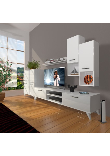 Eko 6da Slm DVD Retro Tv Ünitesi Tv Sehpası Parlak Beyaz