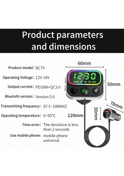 BC79 Araba Mp3 Bluetooth Çalar Fm Verici Qc3.0 PD18W Hızlı Şarj-Siyah (Yurt Dışından) fırsatları