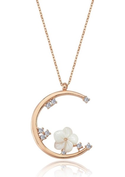Işıltılı Flowers Hilâli Rose Renk Gümüş Kolye