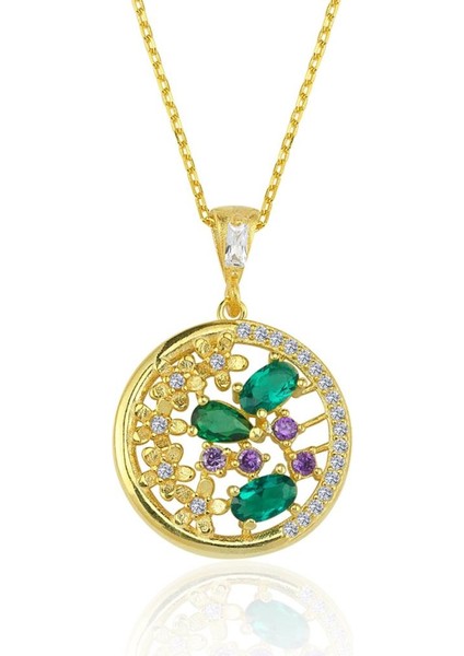 Yuvarlak Form Saray Bahçesi Gold Renk Gümüş Kolye