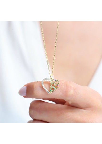 Mix Taşlı Işıltılı Kalp Hazinesi Gold Renk Gümüş Kolye