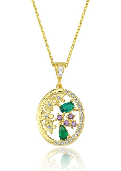 Oval Form Saray Bahçesi Gold Renk Gümüş Kolye