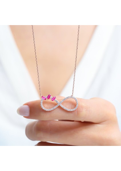 Fuşya Baget Taşlı Işıltılı Sonsuzluk Rose Renk Gümüş Kolye