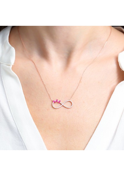Fuşya Baget Taşlı Işıltılı Sonsuzluk Rose Renk Gümüş Kolye fiyatları