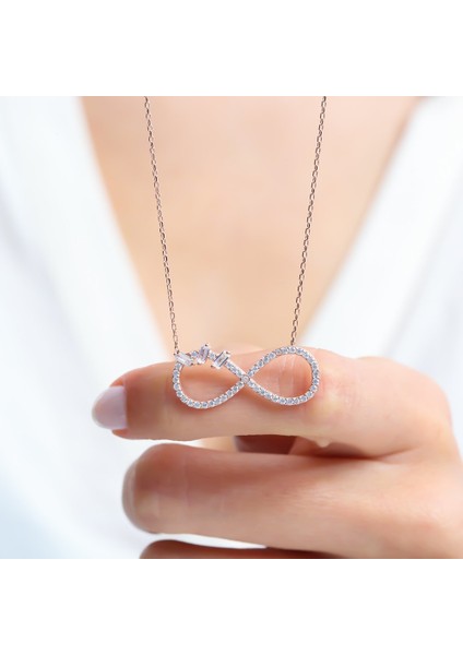 Baget Taşlı Işıltılı Sonsuzluk Rose Renk Gümüş Kolye