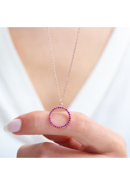 Fuşya Taşlı Basic Halka Rose Renk Gümüş Kolye