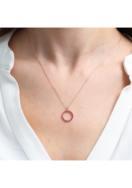 Fuşya Taşlı Basic Halka Rose Renk Gümüş Kolye fiyatları