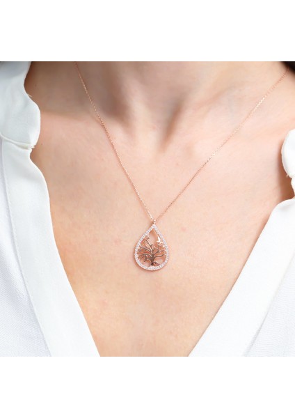 Işıltılı Hayat Ağacı Rose Renk Gümüş Kolye fiyatları