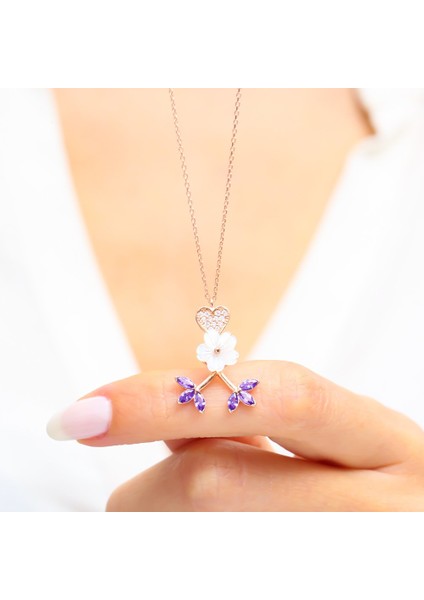 Ametist Moru Manolya Çiçeği Kalbi Rose Renk Gümüş Kolye fiyatları