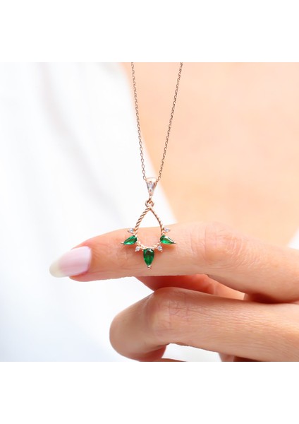 Zümrüt Yeşili Tria Damlalar Rose Renk Gümüş Kolye modelleri