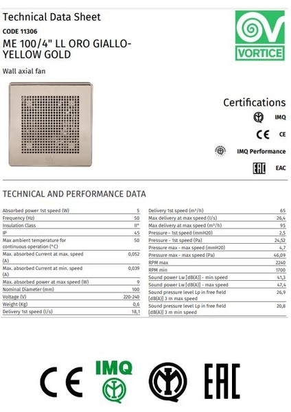 Düşük Ses Seviyesi 26.9 Db(A) Mimari Uygulama Ideal Tasarım Kesintisiz Çalışma Havalandırma Fanı Banyo Mutfak Salon Oda Agmair Agm Punto Evo Gold Gıallo Dekoratif