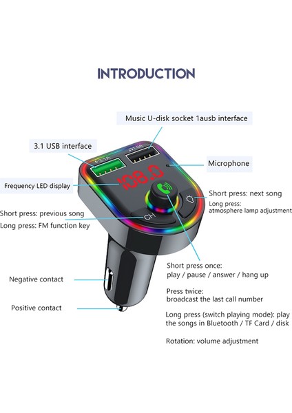 F6 Araba Fm Verici Renkli Solunum Atmosfer Lambası Mp3 Çalar Şarj Cihazı-Siyah (Yurt Dışından)