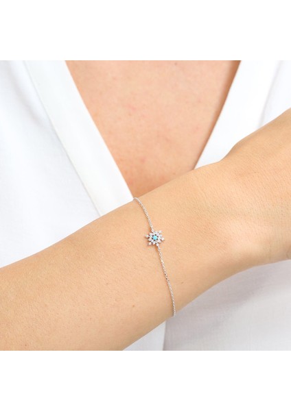 Firuze Detay Işıltılı Kar Tanesi Gümüş Bileklik