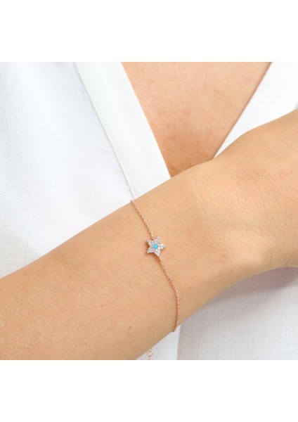 Firuze Detay Işıltı Yıldızı Rose Renk Gümüş Bileklik