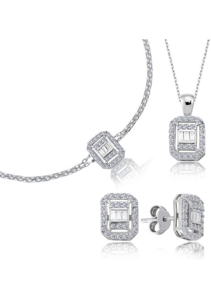 Pırlanta Montür Baget Kare Üçlü Gümüş Mini Set
