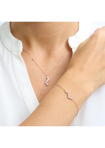 Pırlanta Montür Asimetrik Yıldızlar Rose Renk Ikili Gümüş Set