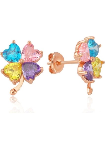 Mix Kalp Taşlı Yonca Form Rose Renk Gümüş Küpe