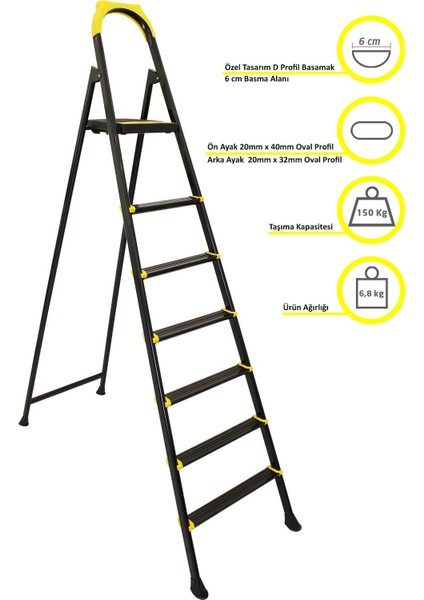 Leo 6+1 Basamaklı Metal Siyah Merdiven