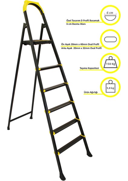Leo 5+1 Basamaklı Metal Siyah Merdiven