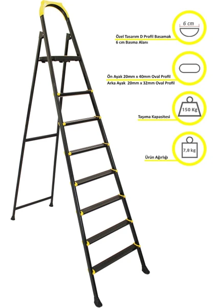 Leo 7+1 Basamaklı Metal Siyah Merdiven