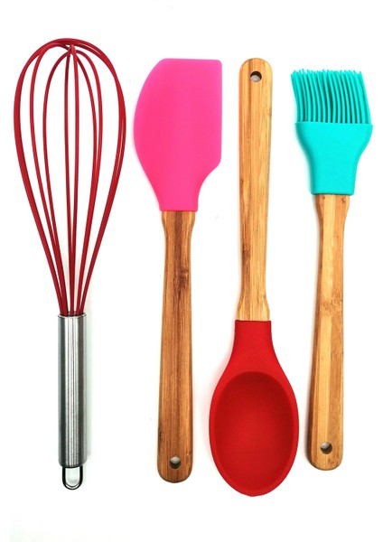 Metal Standlı Bambu Saplı Silikon Fırça Kaşık Spatula Seti-Rnkbkr