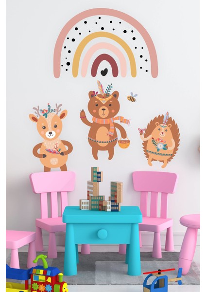 Iskandinav Hayvan Figürleri ve Gökkuşağı Çocuk Odası Duvar Sticker